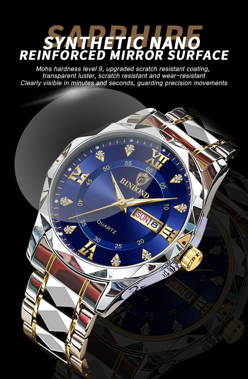 Men's Wrist Watches, Stainless Steel Watches for Men Week/Date Calendar Quartz Waterproof Watch for Men Business Dress Luminous Hands Men's Watch