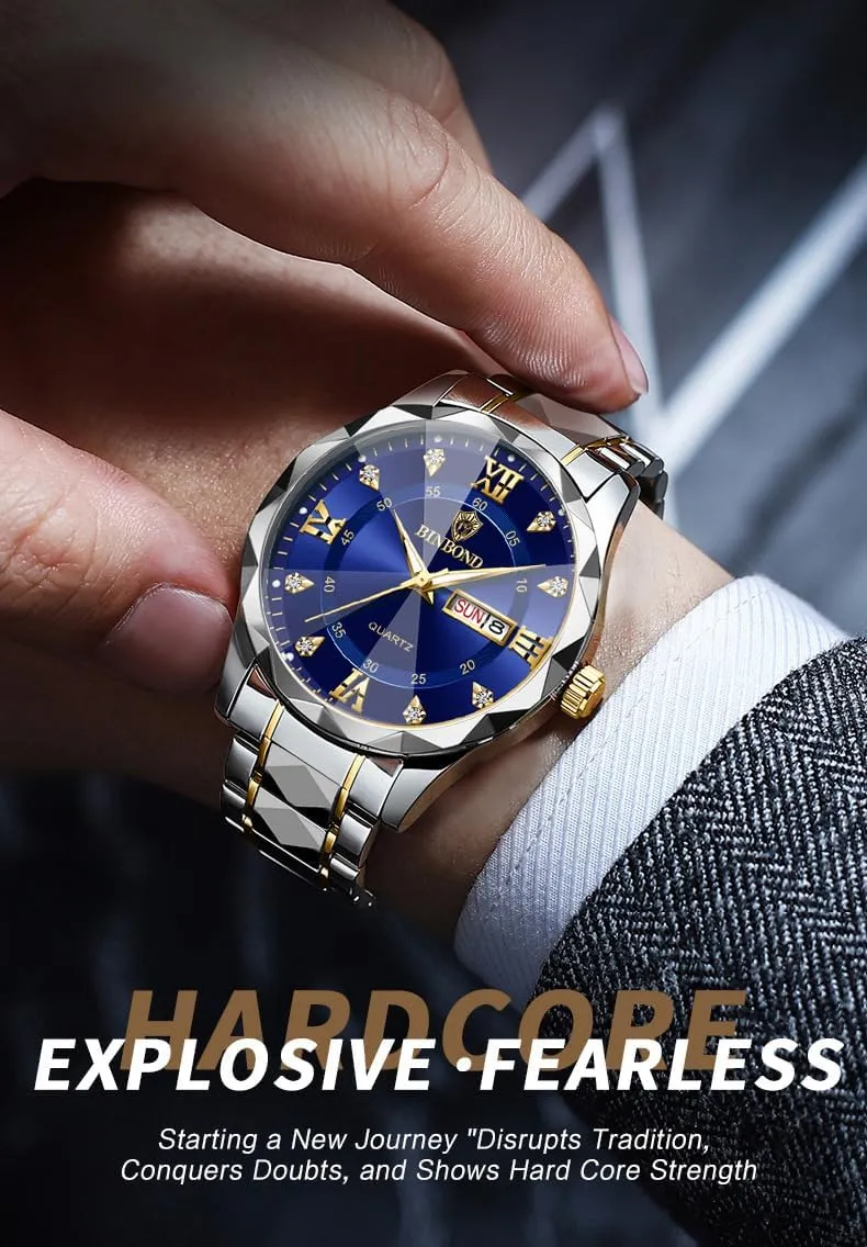 Men's Wrist Watches, Stainless Steel Watches for Men Week/Date Calendar Quartz Waterproof Watch for Men Business Dress Luminous Hands Men's Watch