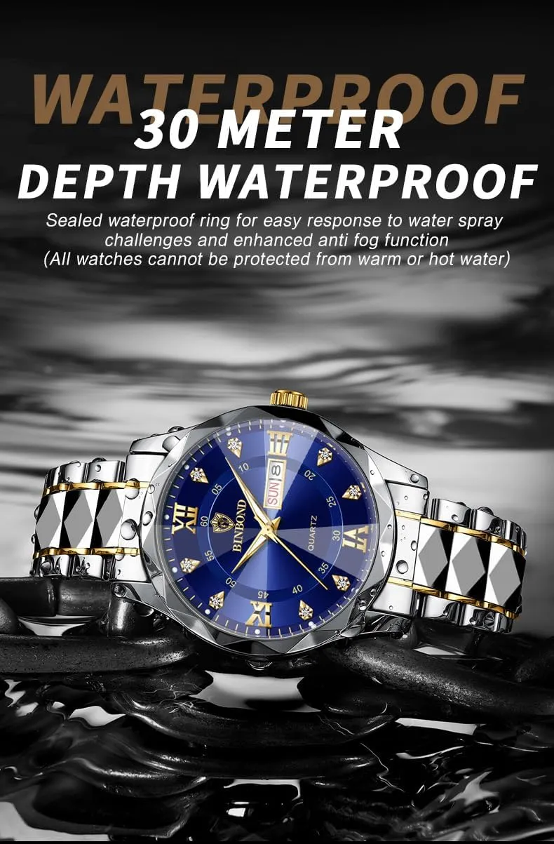 Men's Wrist Watches, Stainless Steel Watches for Men Week/Date Calendar Quartz Waterproof Watch for Men Business Dress Luminous Hands Men's Watch