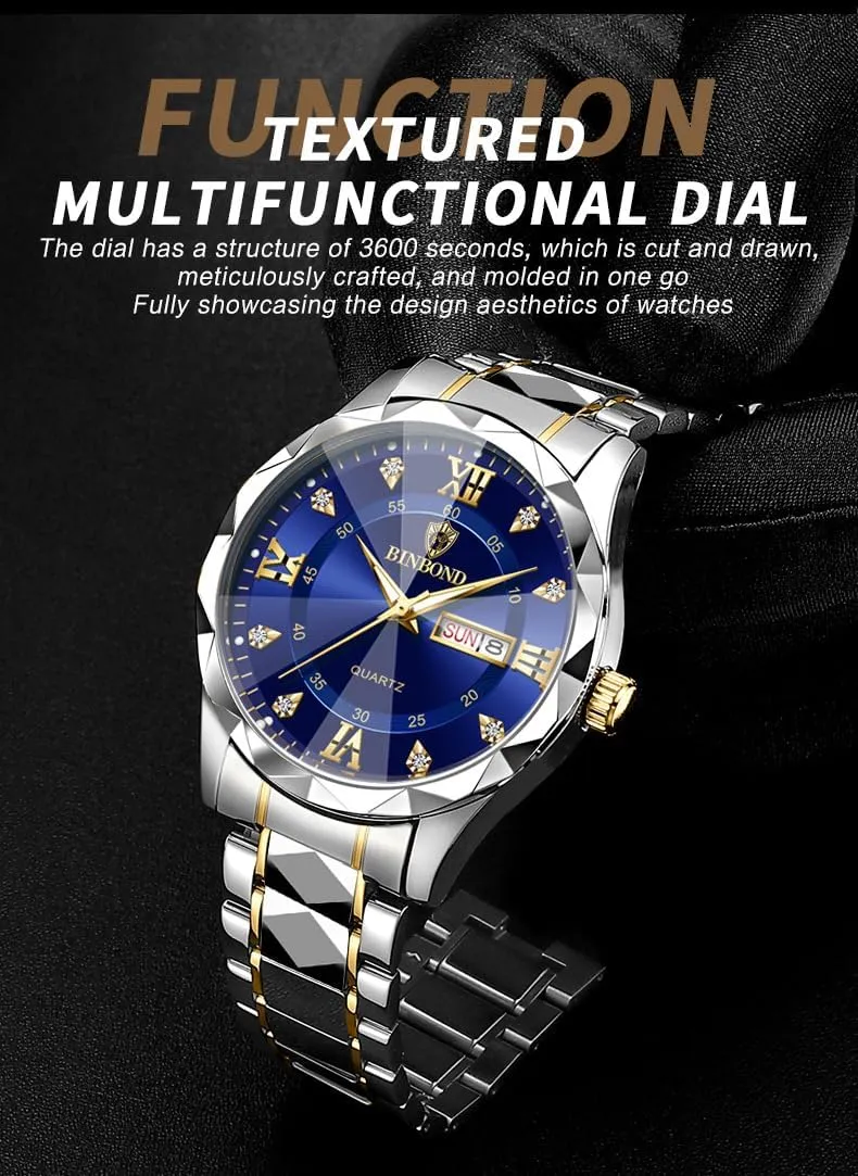 Men's Wrist Watches, Stainless Steel Watches for Men Week/Date Calendar Quartz Waterproof Watch for Men Business Dress Luminous Hands Men's Watch