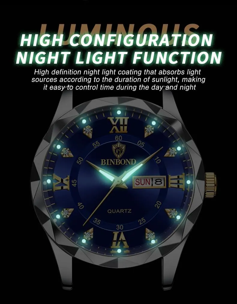 Men's Wrist Watches, Stainless Steel Watches for Men Week/Date Calendar Quartz Waterproof Watch for Men Business Dress Luminous Hands Men's Watch