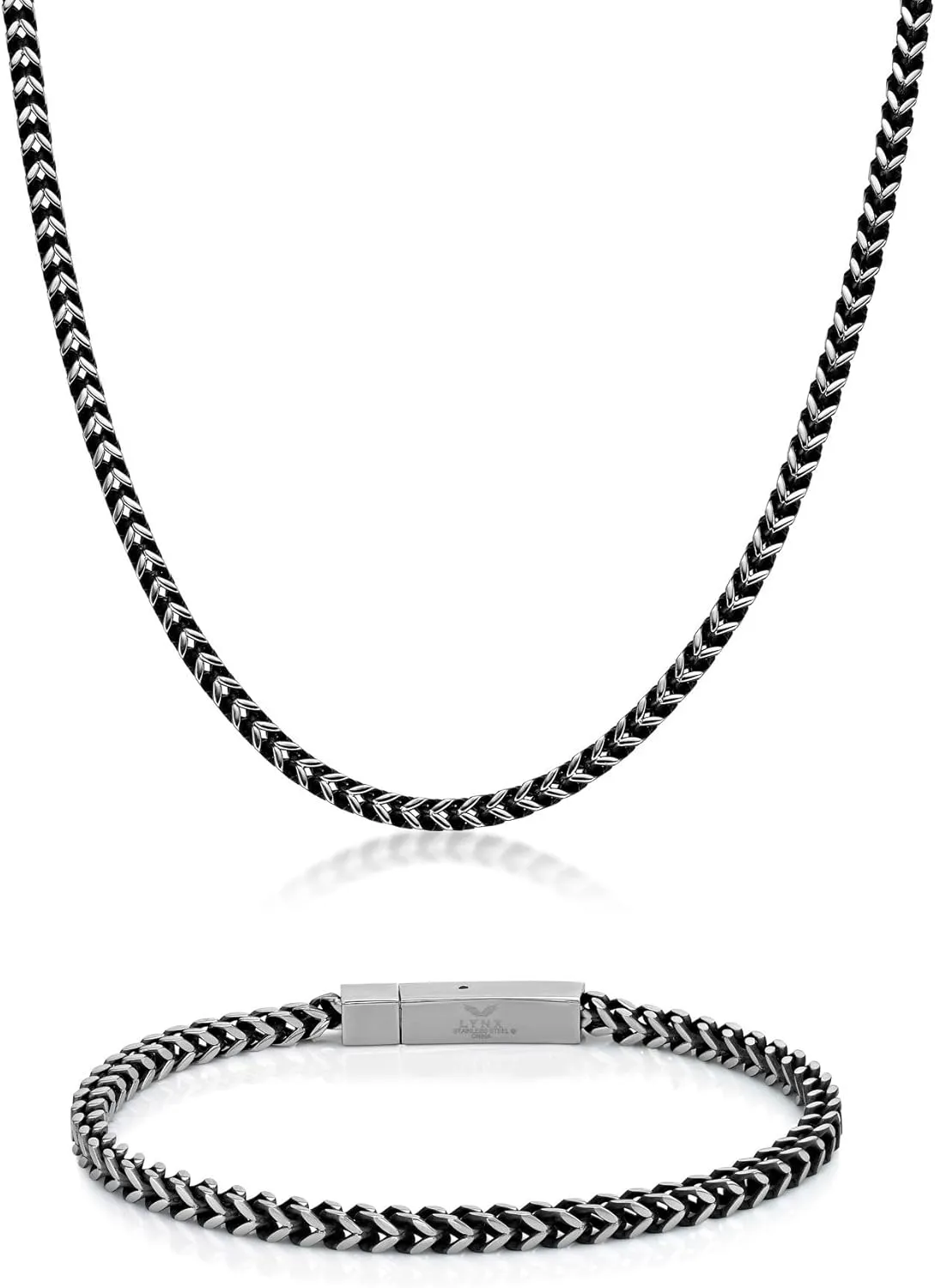 Metro Jewelry 22 to 24 Inches Long Thick Foxtail Chain Necklace and Bracelet Set for Men in Stainless Steel with Yellow Gold, Antique or Black Ion Plating 4 mm Wide Jewelry Set