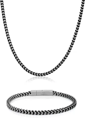 Metro Jewelry 22 to 24 Inches Long Thick Foxtail Chain Necklace and Bracelet Set for Men in Stainless Steel with Yellow Gold, Antique or Black Ion Plating 4 mm Wide Jewelry Set