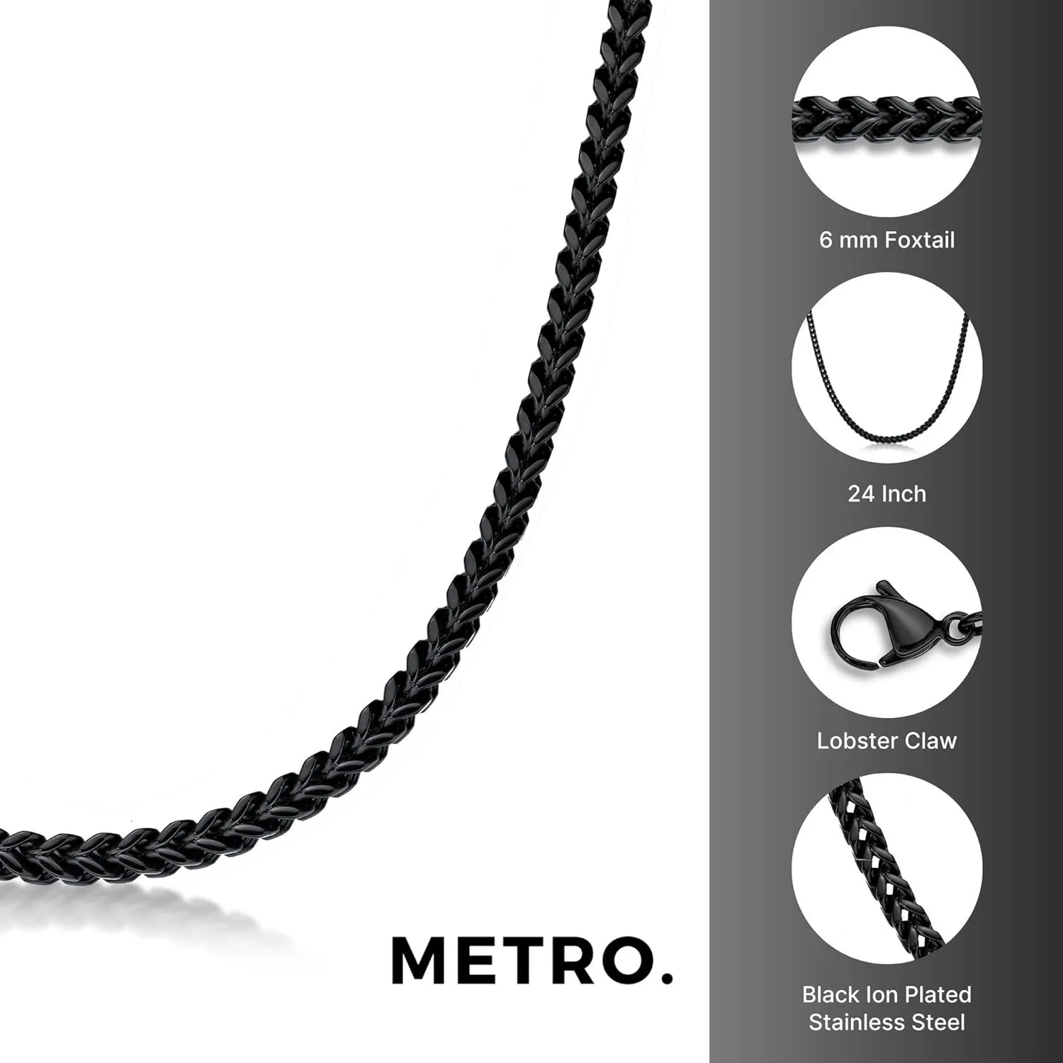 Metro Jewelry Stainless Steel 20 to 30 Inches Long Foxtail Necklace for Men with Black or Yellow Gold Ion Plating 6 mm Thick Chain with Lobster Claw Clasp