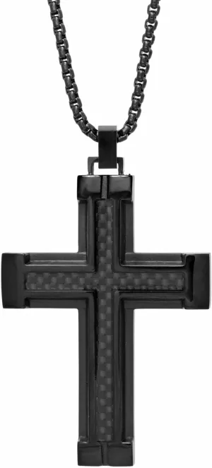 Metro Jewelry Stainless Steel Carbon Fiber Cross Pendant Necklace for Men with Black Ion Plating on 24 Inches Long Box Chain Lobster Claw