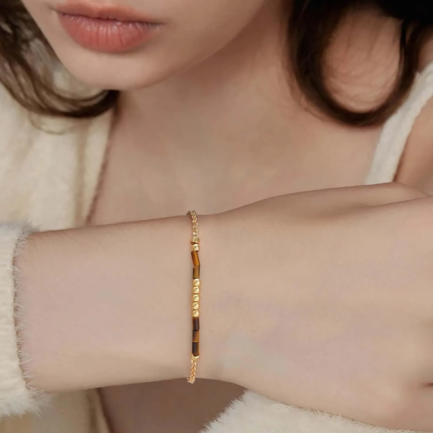MEVECCO Gold Morse Code Bracelet for Women 18K Gold Plated Tiger Eye Stone Mixed Bracelets Handmade Gold Custom Morse Code Chain Bracelet Stack Jewelry Gifts