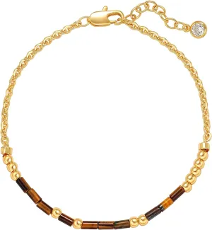 MEVECCO Gold Morse Code Bracelet for Women 18K Gold Plated Tiger Eye Stone Mixed Bracelets Handmade Gold Custom Morse Code Chain Bracelet Stack Jewelry Gifts
