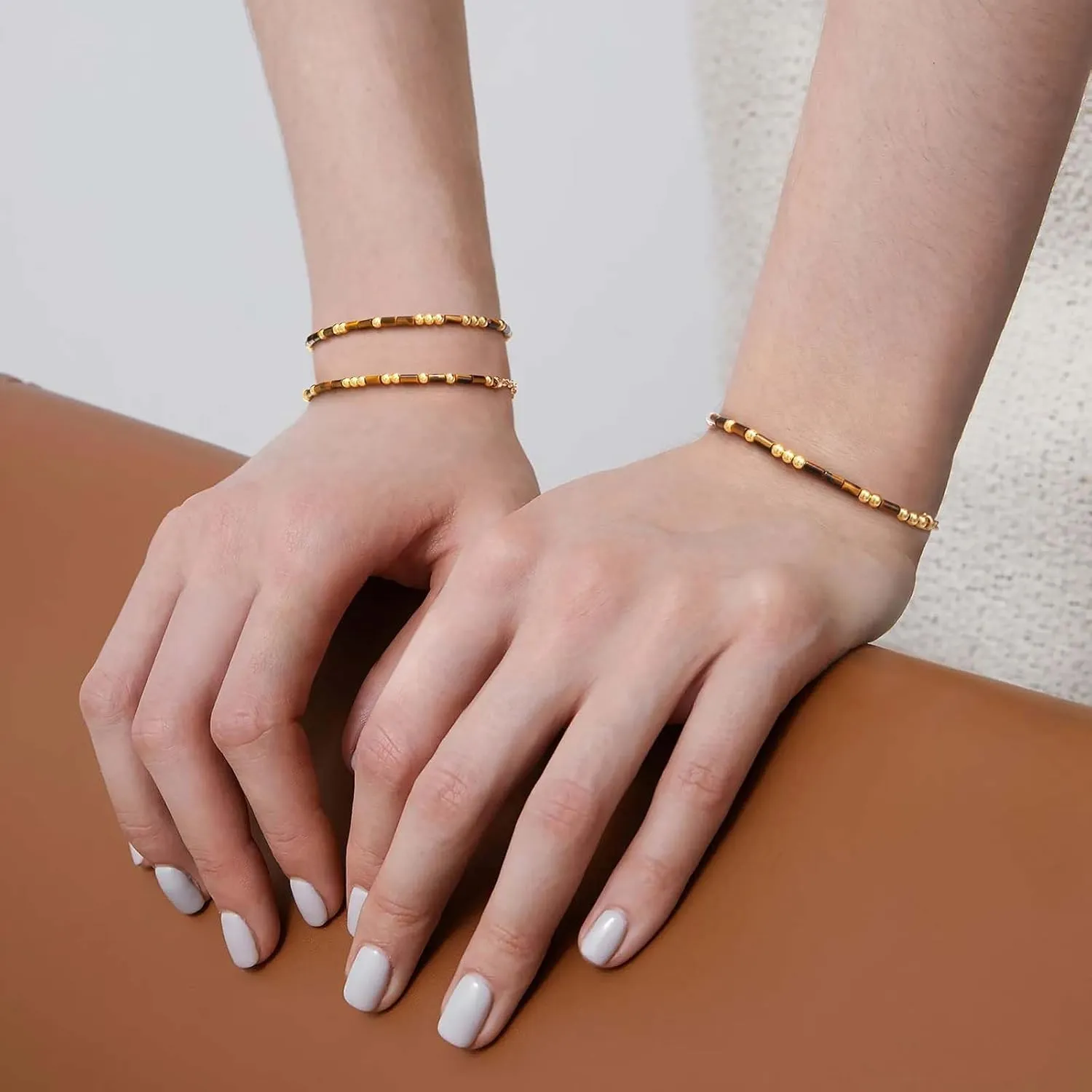 MEVECCO Gold Morse Code Bracelet for Women 18K Gold Plated Tiger Eye Stone Mixed Bracelets Handmade Gold Custom Morse Code Chain Bracelet Stack Jewelry Gifts