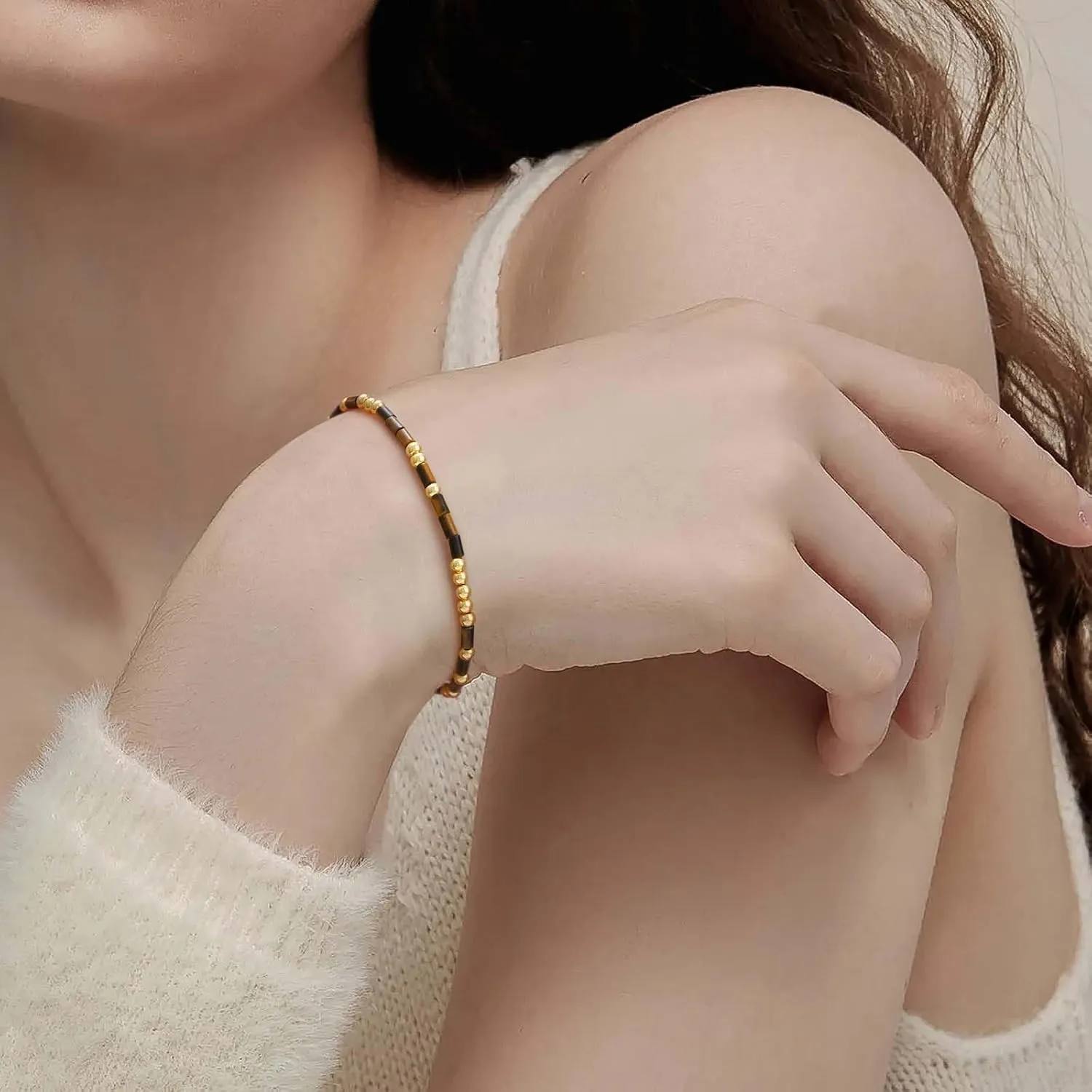 MEVECCO Gold Morse Code Bracelet for Women 18K Gold Plated Tiger Eye Stone Mixed Bracelets Handmade Gold Custom Morse Code Chain Bracelet Stack Jewelry Gifts
