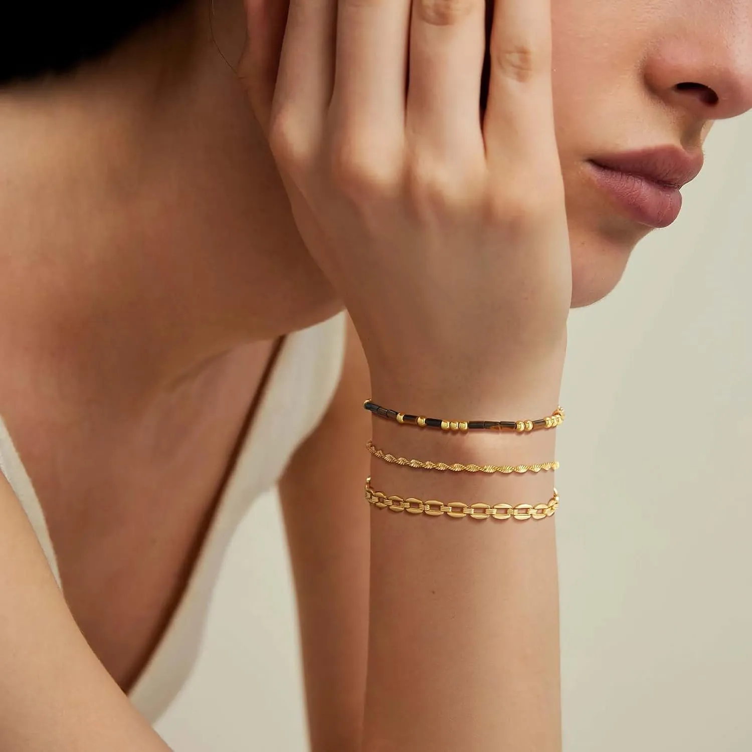 MEVECCO Gold Morse Code Bracelet for Women 18K Gold Plated Tiger Eye Stone Mixed Bracelets Handmade Gold Custom Morse Code Chain Bracelet Stack Jewelry Gifts