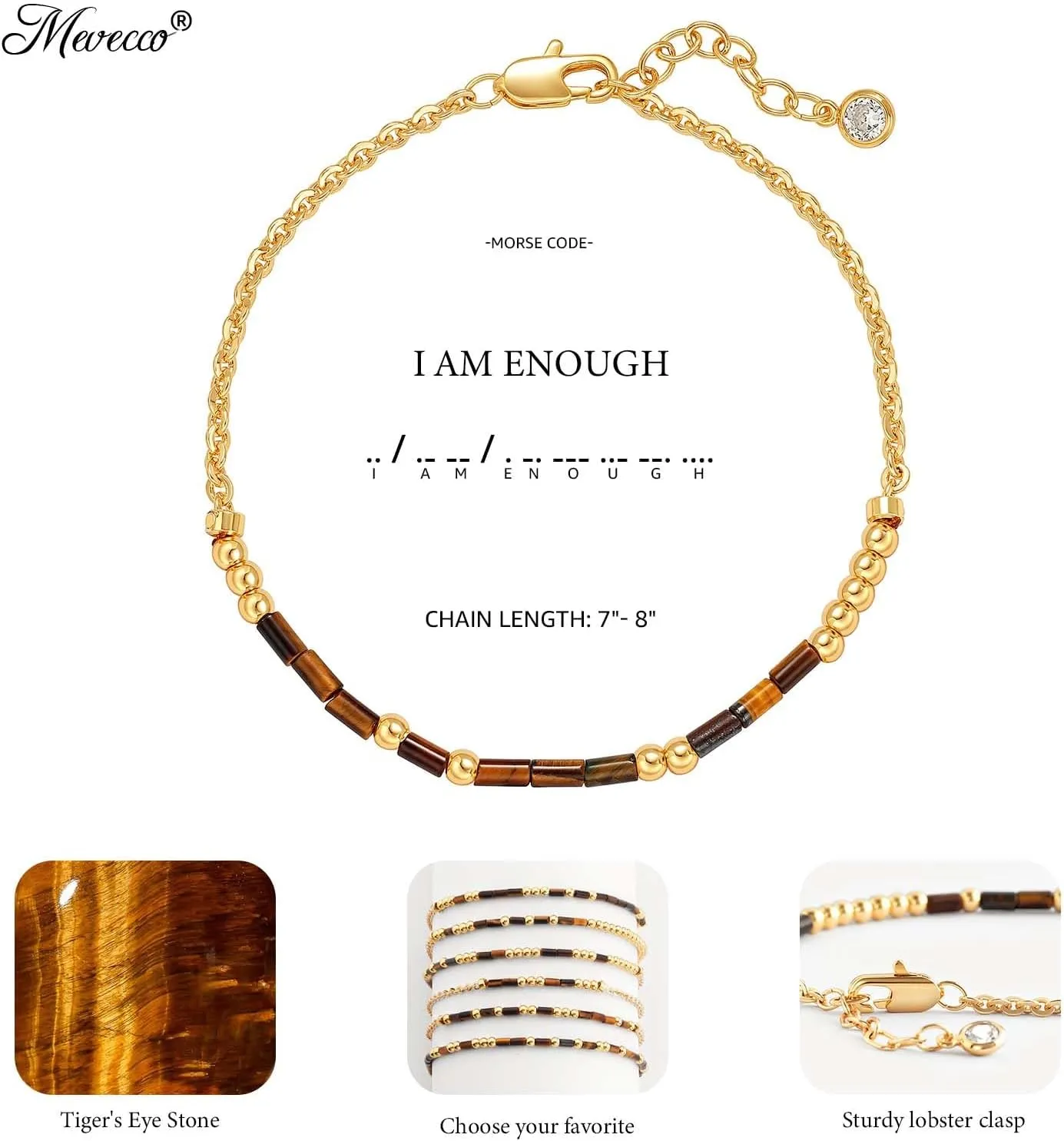MEVECCO Gold Morse Code Bracelet for Women 18K Gold Plated Tiger Eye Stone Mixed Bracelets Handmade Gold Custom Morse Code Chain Bracelet Stack Jewelry Gifts