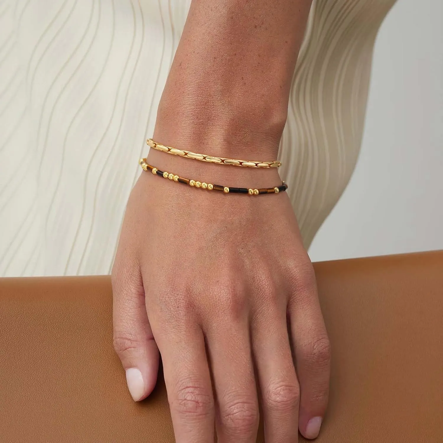 MEVECCO Gold Morse Code Bracelet for Women 18K Gold Plated Tiger Eye Stone Mixed Bracelets Handmade Gold Custom Morse Code Chain Bracelet Stack Jewelry Gifts