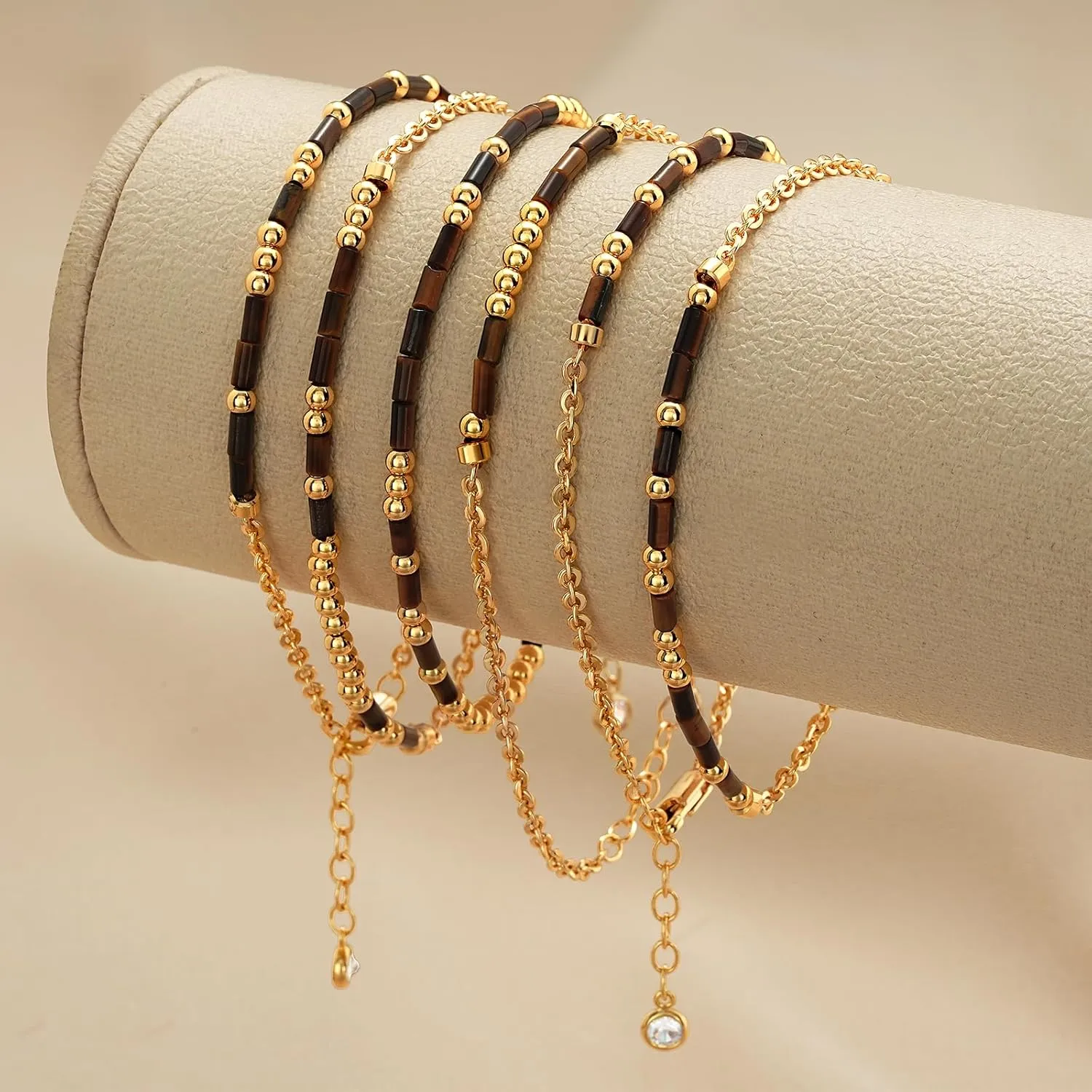 MEVECCO Gold Morse Code Bracelet for Women 18K Gold Plated Tiger Eye Stone Mixed Bracelets Handmade Gold Custom Morse Code Chain Bracelet Stack Jewelry Gifts