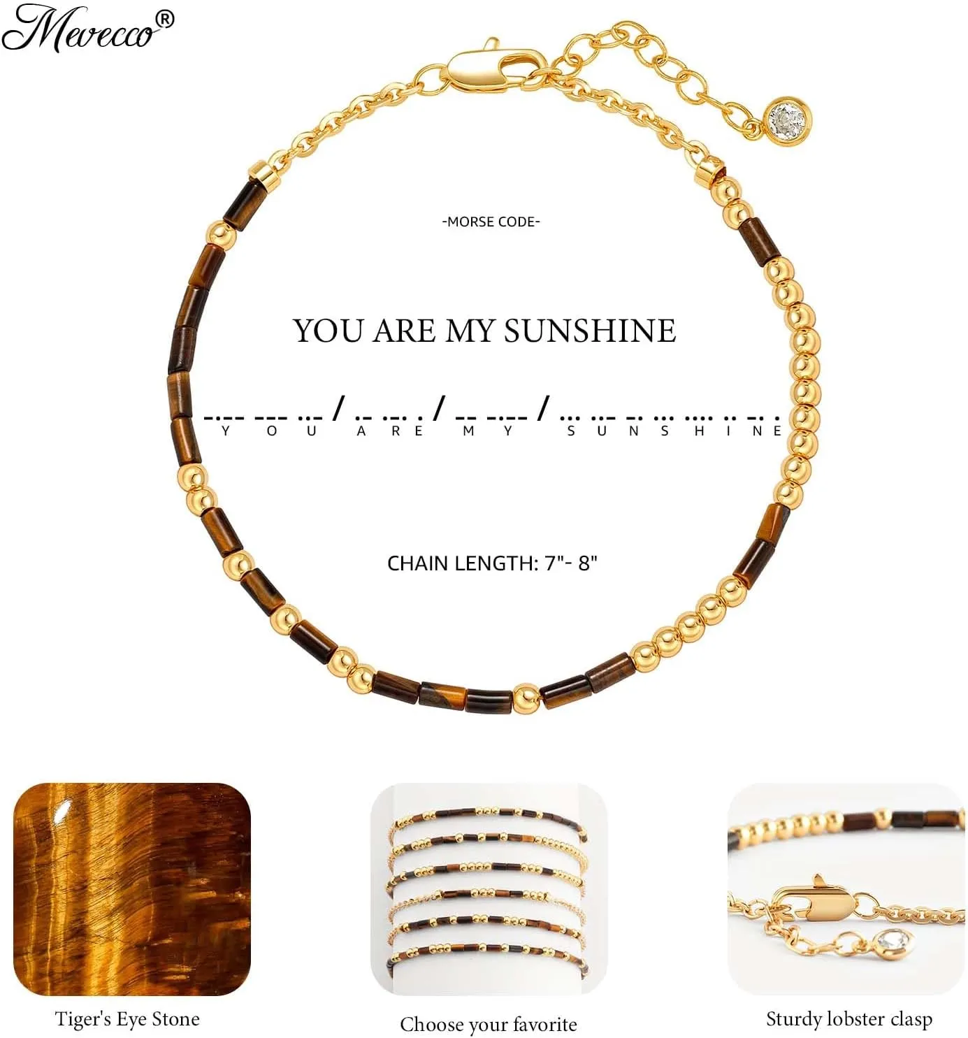 MEVECCO Gold Morse Code Bracelet for Women 18K Gold Plated Tiger Eye Stone Mixed Bracelets Handmade Gold Custom Morse Code Chain Bracelet Stack Jewelry Gifts