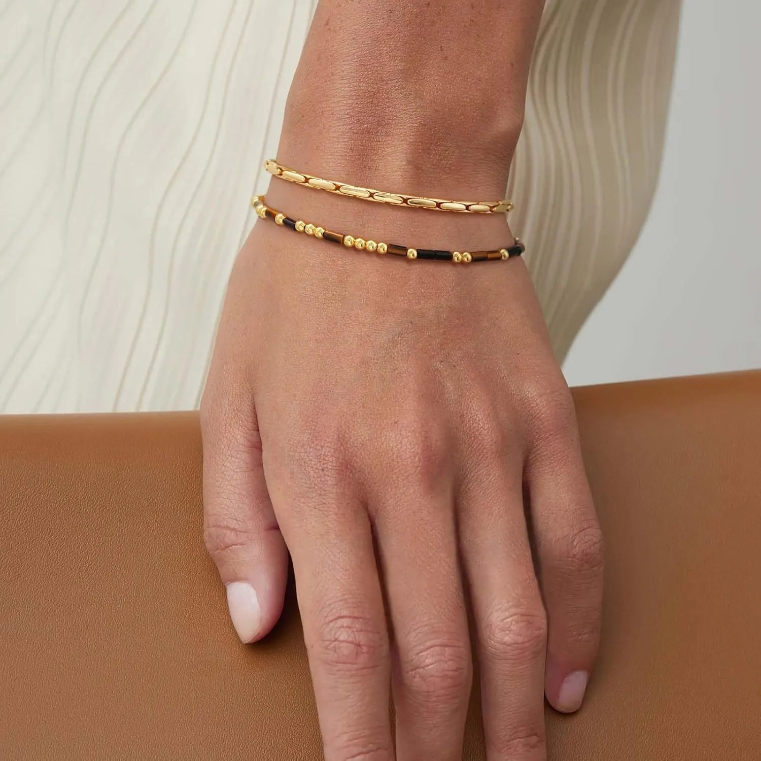 MEVECCO Gold Morse Code Bracelet for Women 18K Gold Plated Tiger Eye Stone Mixed Bracelets Handmade Gold Custom Morse Code Chain Bracelet Stack Jewelry Gifts