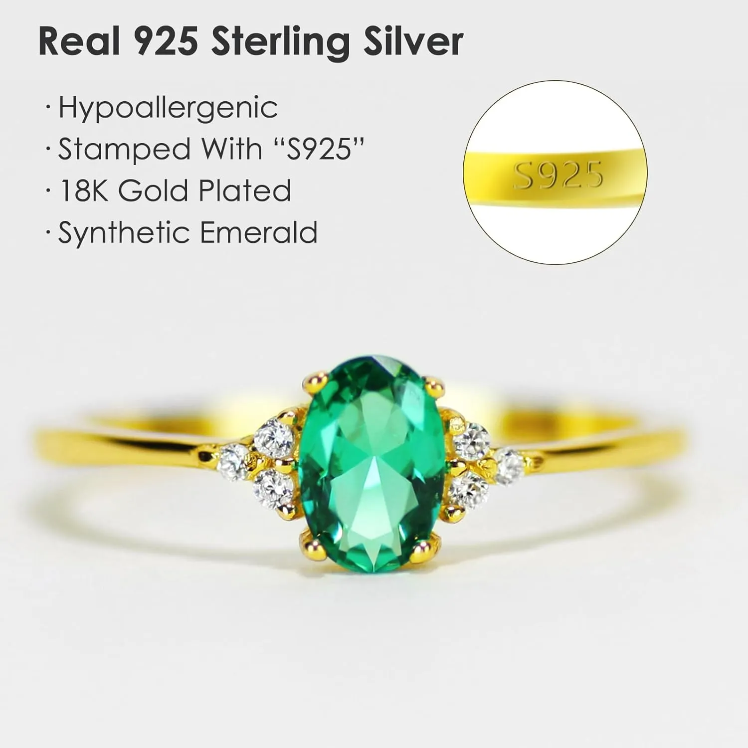 Michooyel 18K Gold Plated Dainty Emerald Rings Oval Cut Sterling Silver Statement Rings Cute Rings for Women