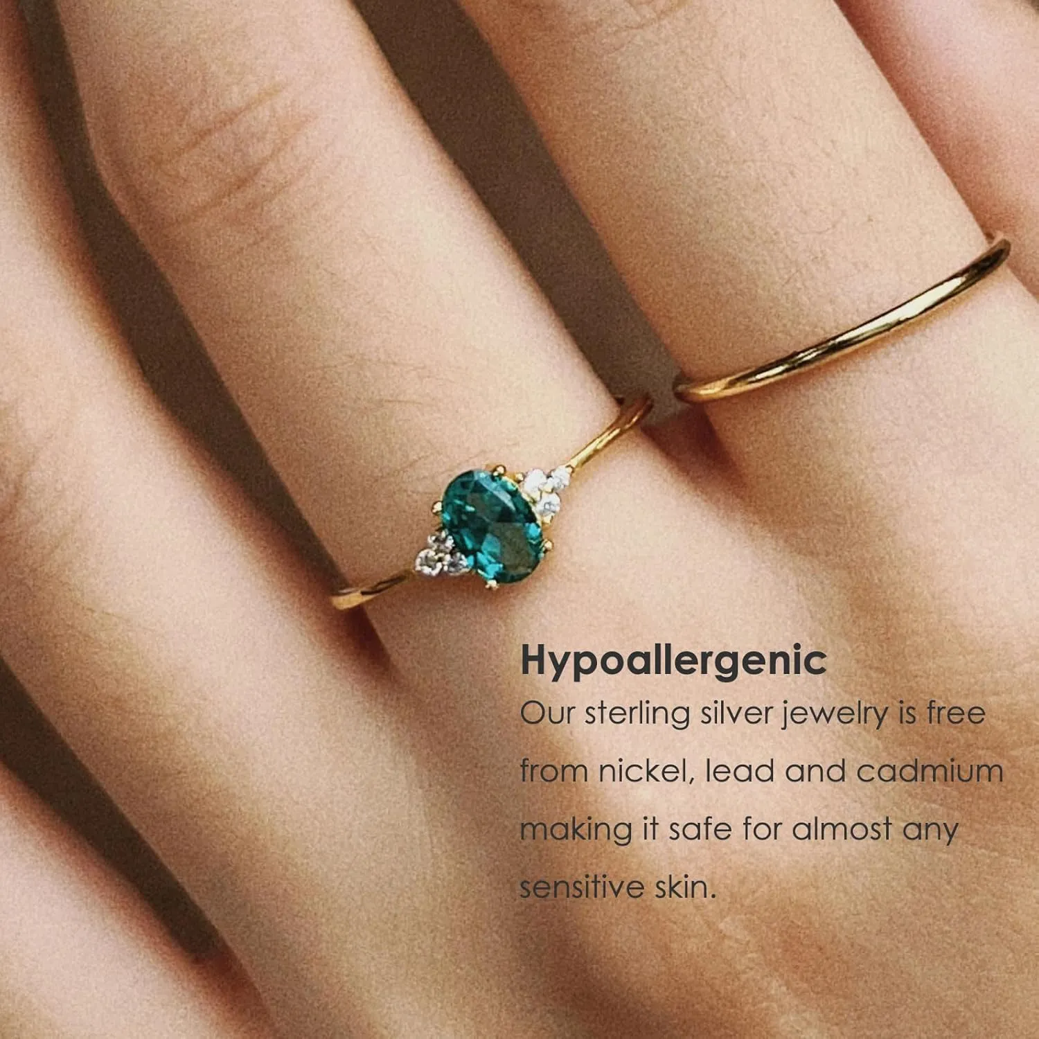 Michooyel 18K Gold Plated Dainty Emerald Rings Oval Cut Sterling Silver Statement Rings Cute Rings for Women