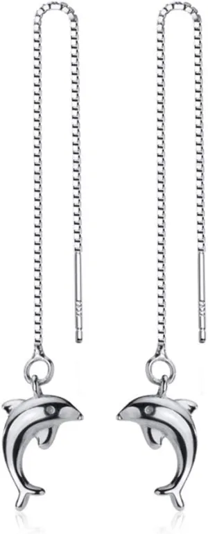 Minimalist Dolphin Tassel Threader Chain Earrings S925 Sterling Silver Elegant Animal Ear Line Long Chain Dangle Drop Charm Earring Fashion Jewelry Hypoallergenic for Women Girls