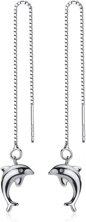 Minimalist Dolphin Tassel Threader Chain Earrings S925 Sterling Silver Elegant Animal Ear Line Long Chain Dangle Drop Charm Earring Fashion Jewelry Hypoallergenic for Women Girls