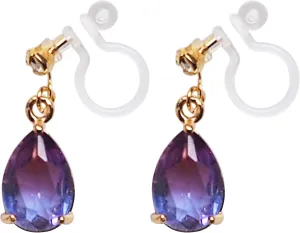 Miyabi Grace Womens Teardrop Crystal Dangle Invisible Clip On Earrings Red Green Pink Navy Blue Yellow Purple