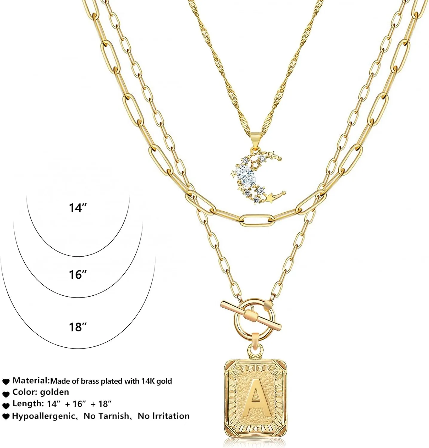 MJartoria Layered Initial Necklaces for Women Trendy, 14K Gold Plated Simple Moon Choker Square Letter Pendant Necklace, Paperclip Chain Necklace, Gold Necklaces Jewelry Gifts