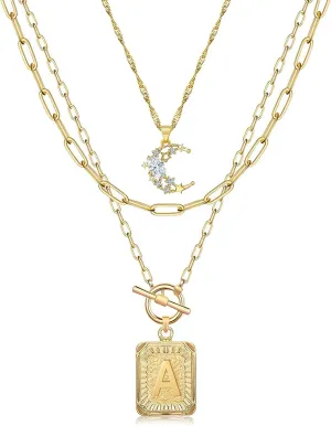 MJartoria Layered Initial Necklaces for Women Trendy, 14K Gold Plated Simple Moon Choker Square Letter Pendant Necklace, Paperclip Chain Necklace, Gold Necklaces Jewelry Gifts