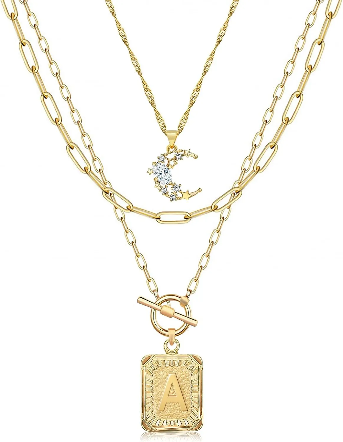 MJartoria Layered Initial Necklaces for Women Trendy, 14K Gold Plated Simple Moon Choker Square Letter Pendant Necklace, Paperclip Chain Necklace, Gold Necklaces Jewelry Gifts
