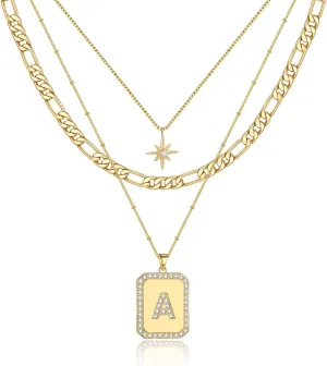 MJartoria Layered Initial Necklaces for Women Trendy, 14K Gold Plated Simple Star Choker Square Letter Pendant Necklace, Figaro Chain Gold Necklaces Jewelry Gifts