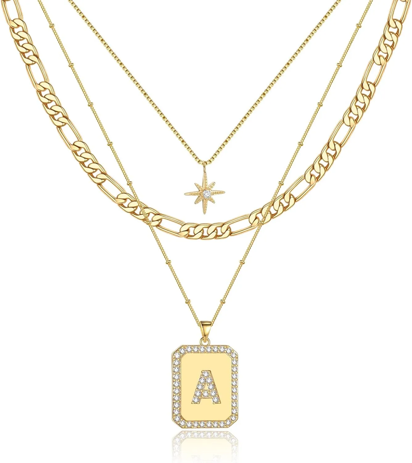 MJartoria Layered Initial Necklaces for Women Trendy, 14K Gold Plated Simple Star Choker Square Letter Pendant Necklace, Figaro Chain Gold Necklaces Jewelry Gifts