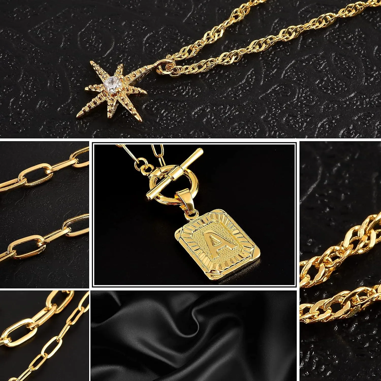 MJartoria Layered Initial Necklaces for Women Trendy, 14K Gold Plated Simple Star Choker Square Letter Pendant Necklace, Paperclip Chain Necklace, Gold Necklaces Jewelry Gifts