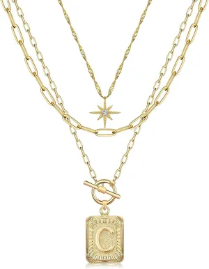 MJartoria Layered Initial Necklaces for Women Trendy, 14K Gold Plated Simple Star Choker Square Letter Pendant Necklace, Paperclip Chain Necklace, Gold Necklaces Jewelry Gifts