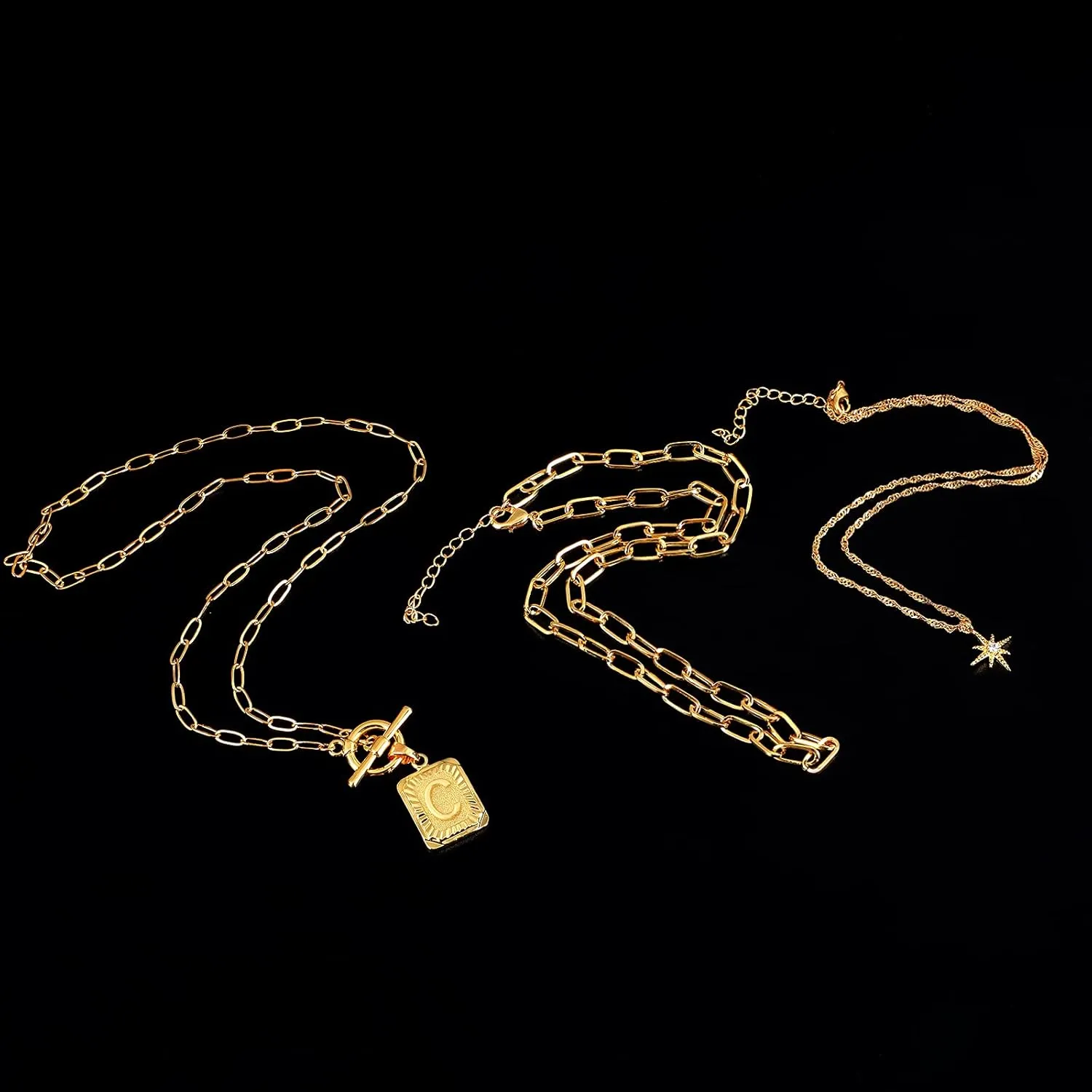 MJartoria Layered Initial Necklaces for Women Trendy, 14K Gold Plated Simple Star Choker Square Letter Pendant Necklace, Paperclip Chain Necklace, Gold Necklaces Jewelry Gifts