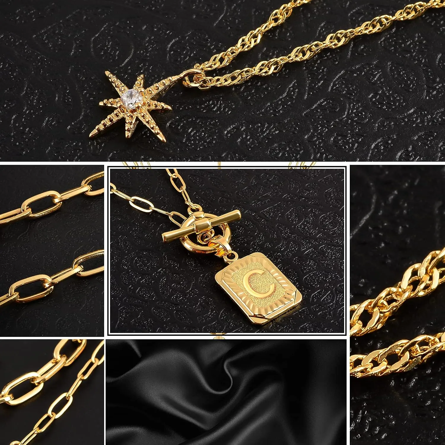 MJartoria Layered Initial Necklaces for Women Trendy, 14K Gold Plated Simple Star Choker Square Letter Pendant Necklace, Paperclip Chain Necklace, Gold Necklaces Jewelry Gifts