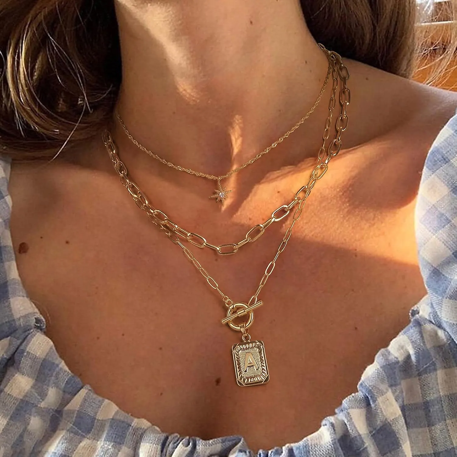 MJartoria Layered Initial Necklaces for Women Trendy, 14K Gold Plated Simple Star Choker Square Letter Pendant Necklace, Paperclip Chain Necklace, Gold Necklaces Jewelry Gifts