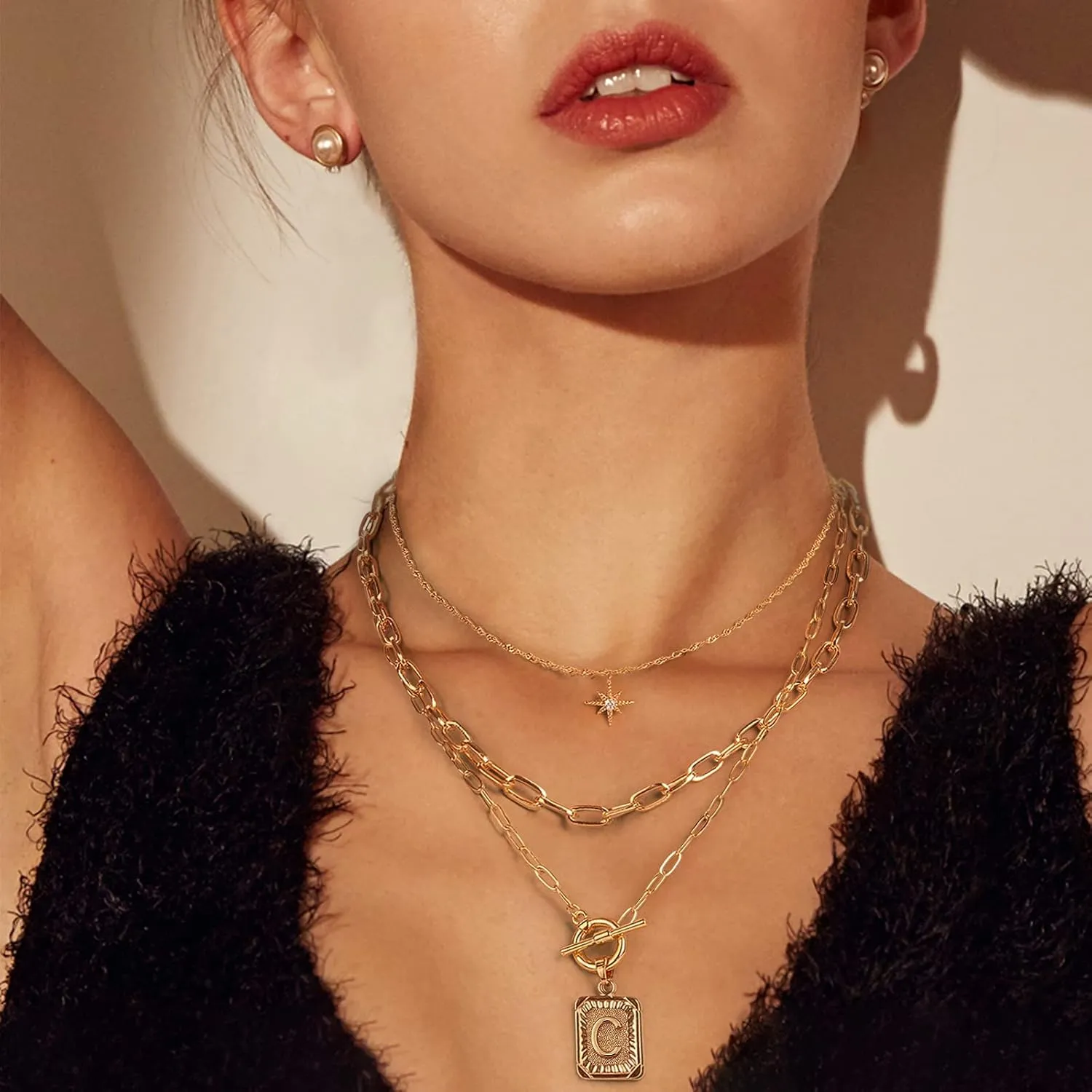 MJartoria Layered Initial Necklaces for Women Trendy, 14K Gold Plated Simple Star Choker Square Letter Pendant Necklace, Paperclip Chain Necklace, Gold Necklaces Jewelry Gifts
