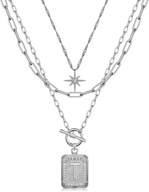 MJartoria Layered Initial Necklaces for Women Trendy, 14K Gold Plated Simple Star Choker Square Letter Pendant Necklace, Paperclip Chain Necklace, Gold Necklaces Jewelry Gifts