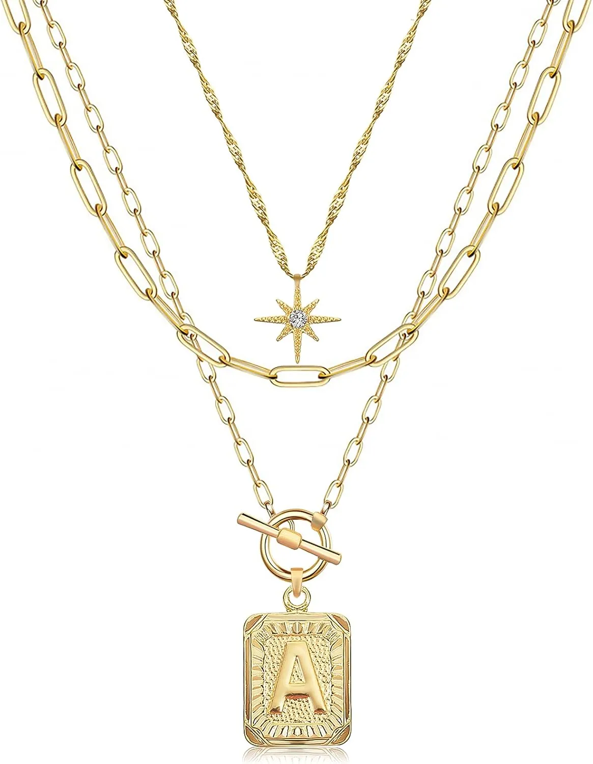 MJartoria Layered Initial Necklaces for Women Trendy, 14K Gold Plated Simple Star Choker Square Letter Pendant Necklace, Paperclip Chain Necklace, Gold Necklaces Jewelry Gifts