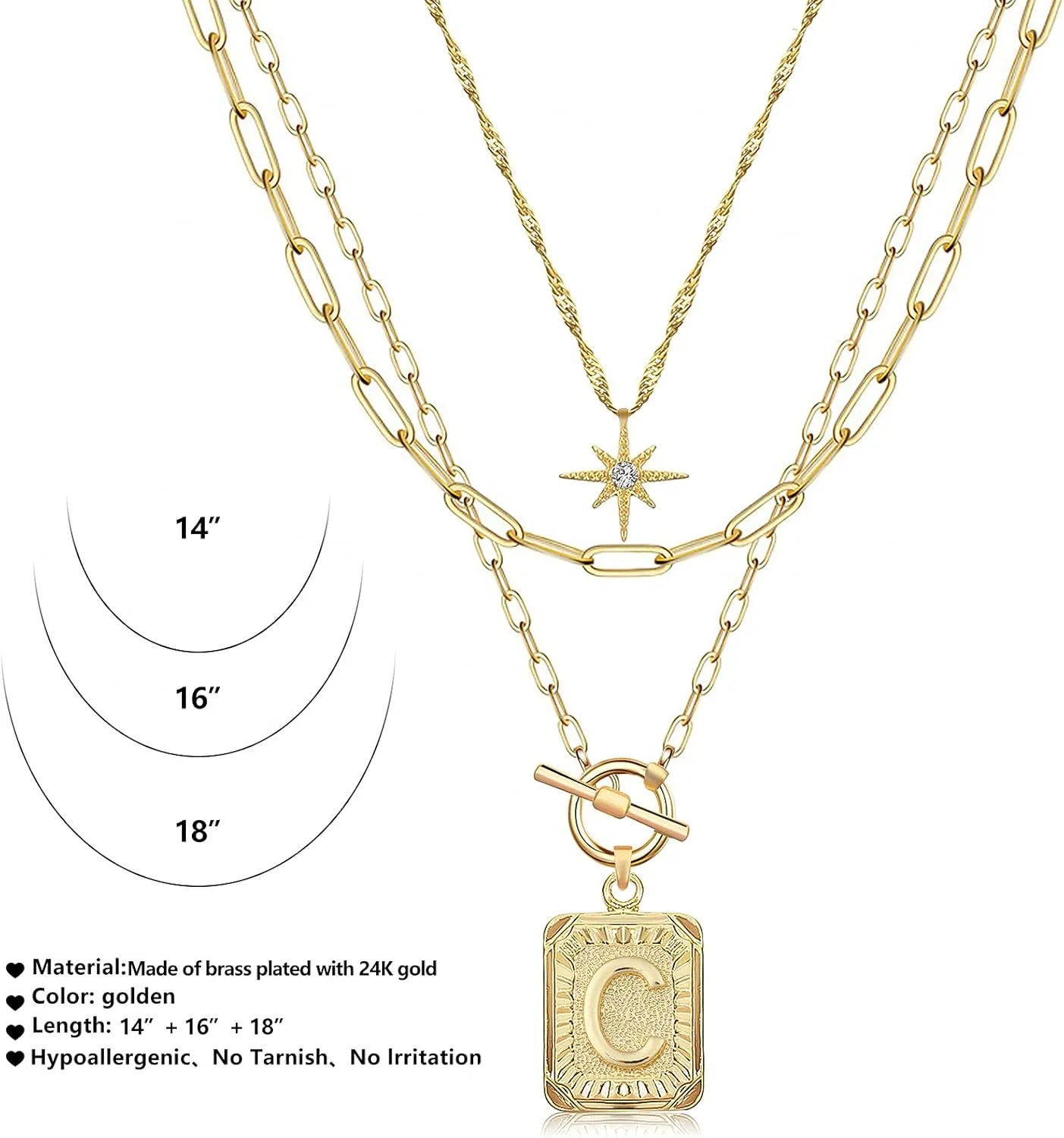 MJartoria Layered Initial Necklaces for Women Trendy, 14K Gold Plated Simple Star Choker Square Letter Pendant Necklace, Paperclip Chain Necklace, Gold Necklaces Jewelry Gifts