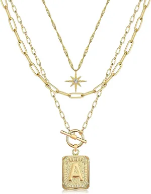 MJartoria Layered Initial Necklaces for Women Trendy, 14K Gold Plated Simple Star Choker Square Letter Pendant Necklace, Paperclip Chain Necklace, Gold Necklaces Jewelry Gifts