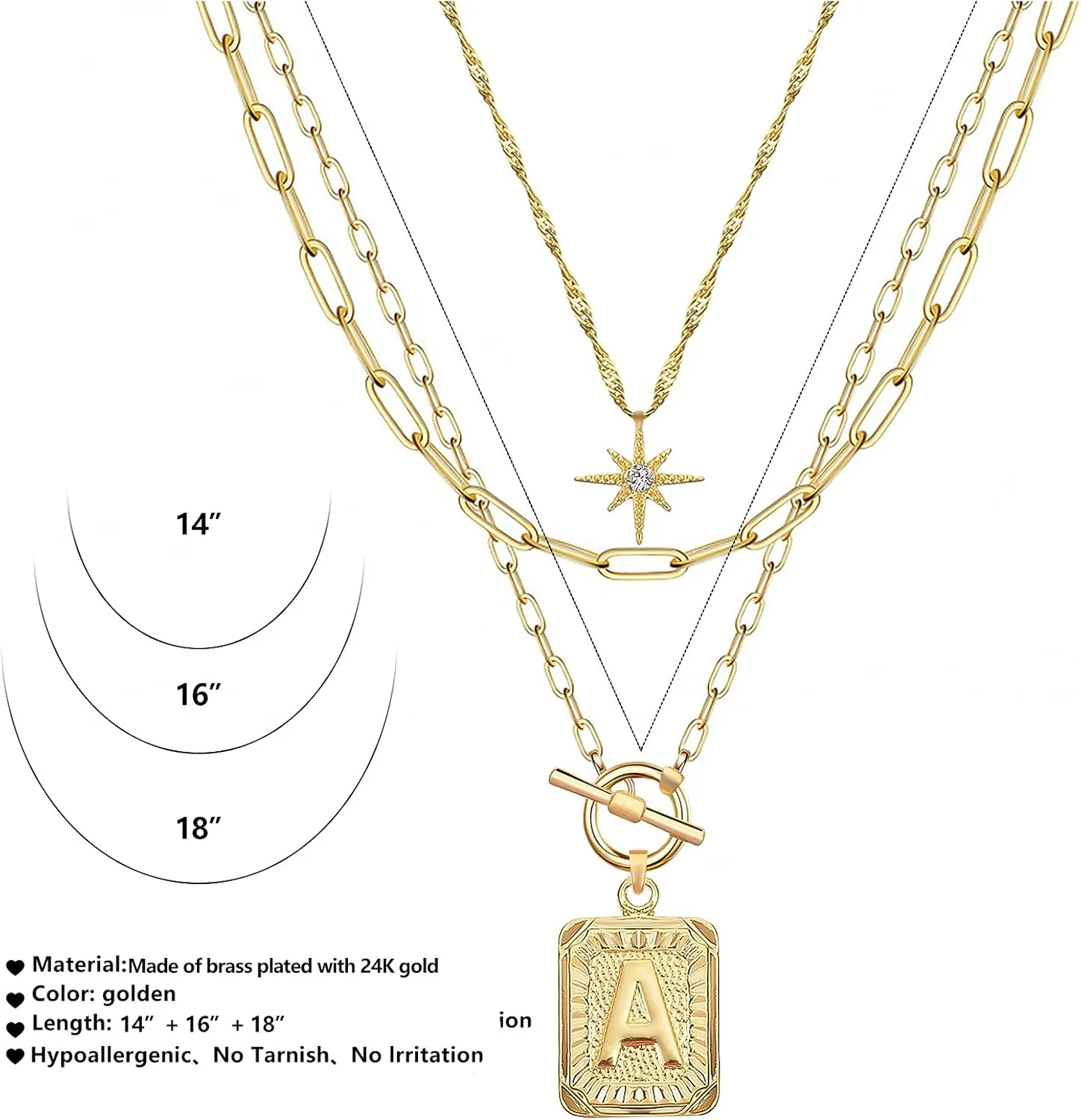 MJartoria Layered Initial Necklaces for Women Trendy, 14K Gold Plated Simple Star Choker Square Letter Pendant Necklace, Paperclip Chain Necklace, Gold Necklaces Jewelry Gifts