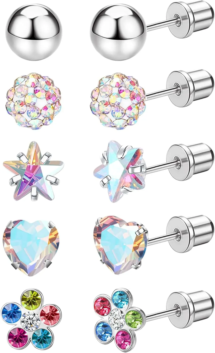 MJust 5 Pairs Titanium Screw Back Earrings for Women Hypoallergenic ScrewBack Earrings for Sensitive Ears Pearl Heart Star Flower CZ 20G Pure Titanium Earrings Studs