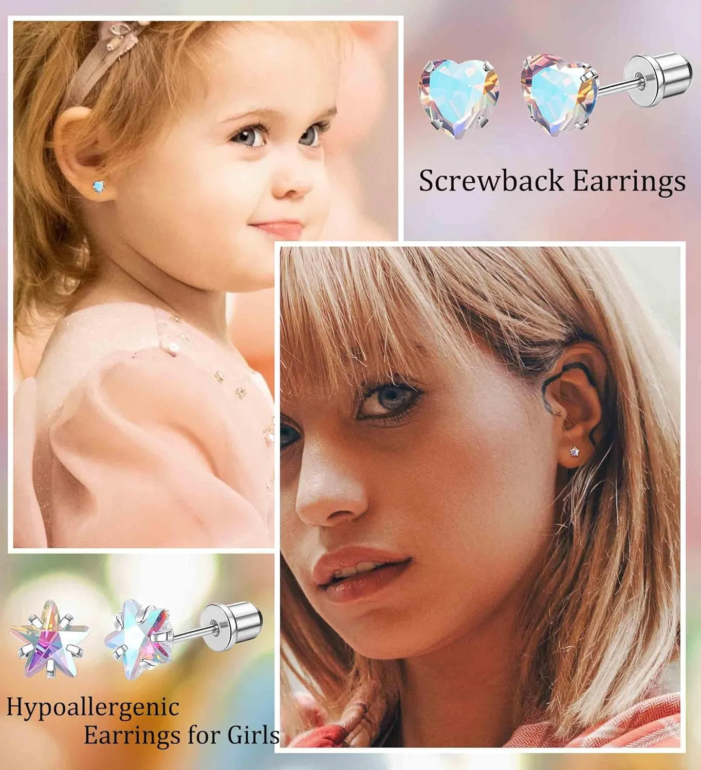 MJust 5 Pairs Titanium Screw Back Earrings for Women Hypoallergenic ScrewBack Earrings for Sensitive Ears Pearl Heart Star Flower CZ 20G Pure Titanium Earrings Studs