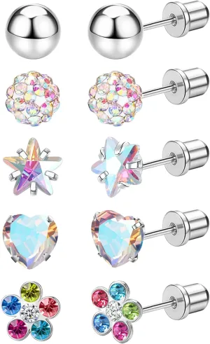 MJust 5 Pairs Titanium Screw Back Earrings for Women Hypoallergenic ScrewBack Earrings for Sensitive Ears Pearl Heart Star Flower CZ 20G Pure Titanium Earrings Studs