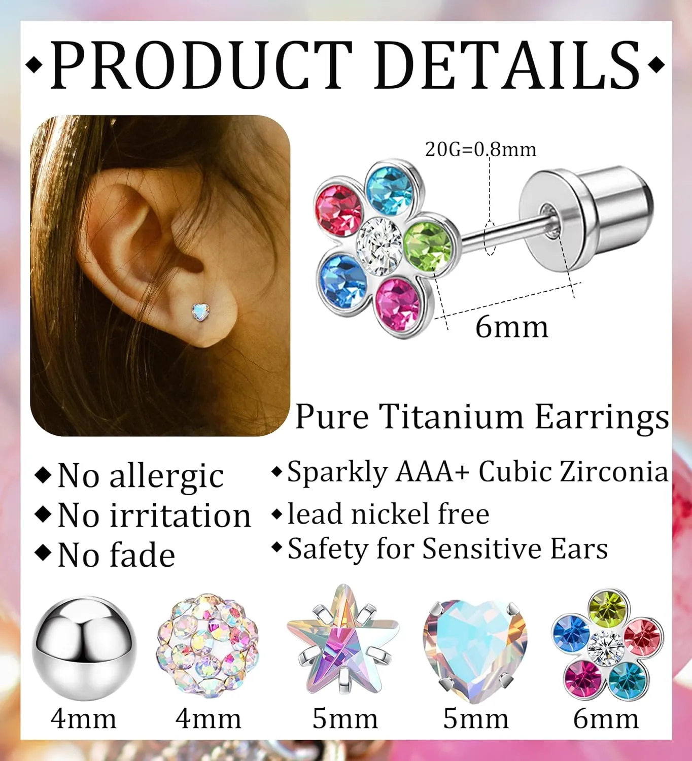 MJust 5 Pairs Titanium Screw Back Earrings for Women Hypoallergenic ScrewBack Earrings for Sensitive Ears Pearl Heart Star Flower CZ 20G Pure Titanium Earrings Studs