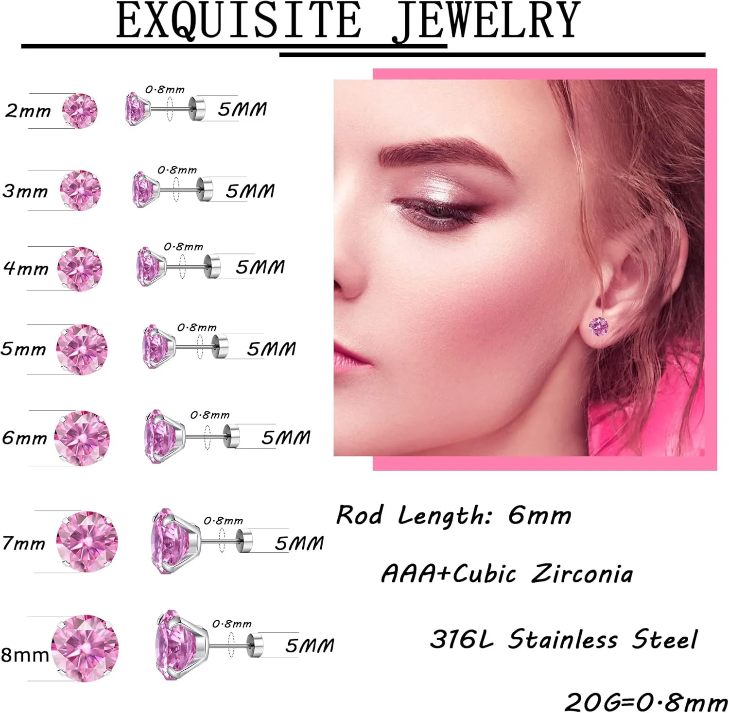 MJust Hypoallergenic Flat Back Earrings for Women & Men, 7 Pairs Stainless Steel Stud Earrings with Flat Backs, Screw Back Cartilage Earrings Set with CZ for Sensitive Ears
