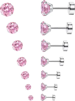 MJust Hypoallergenic Flat Back Earrings for Women & Men, 7 Pairs Stainless Steel Stud Earrings with Flat Backs, Screw Back Cartilage Earrings Set with CZ for Sensitive Ears