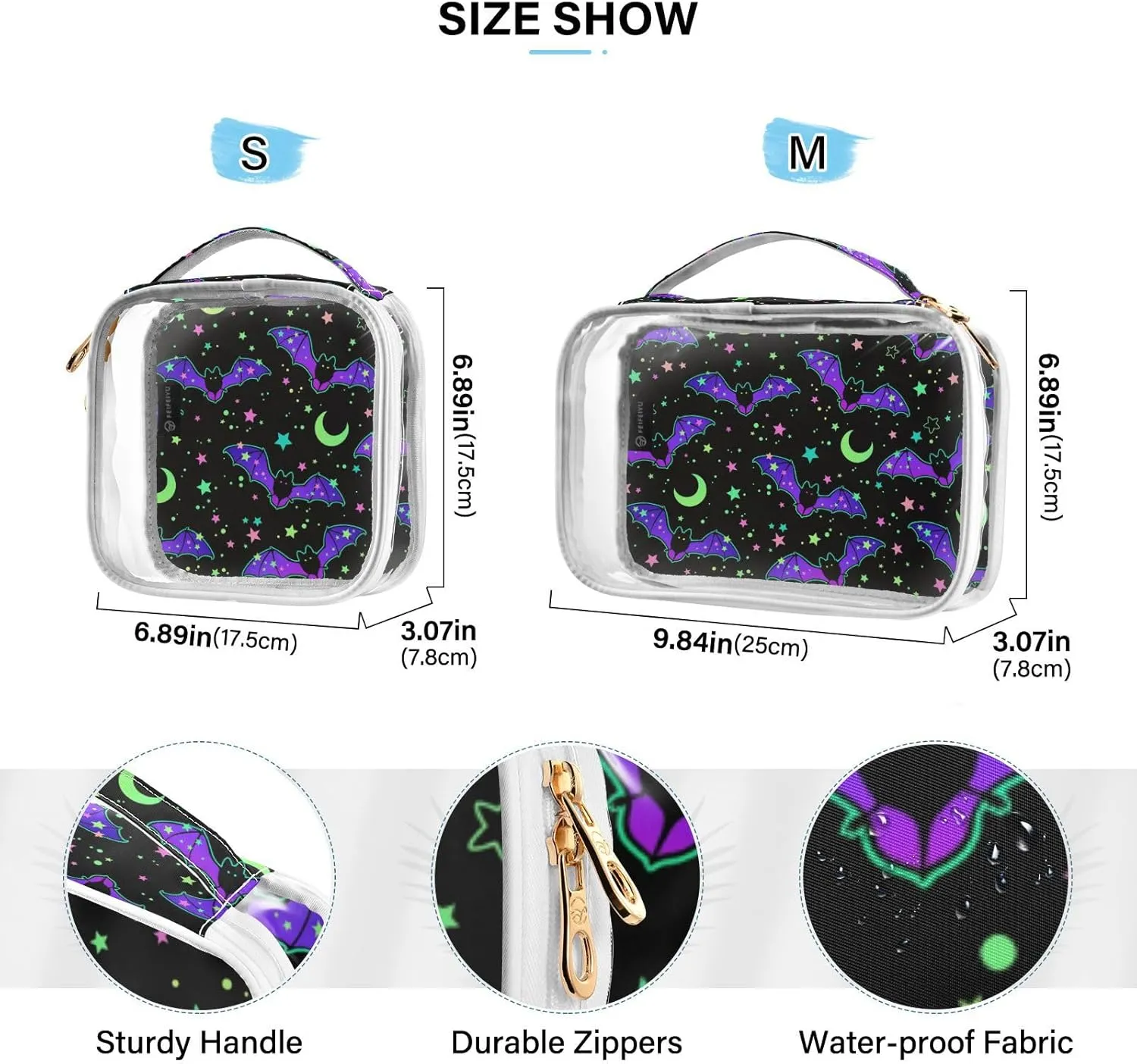 MNSRUU Clear Makeup Bags Magic Galaxy Bat Toiletry Bag for Women 2 PCS Waterproof Clear Bags Clear Travel Toiletry Bag Small Cosmetic Makeup Bag, Carry on Airport Airline Compliant Bag