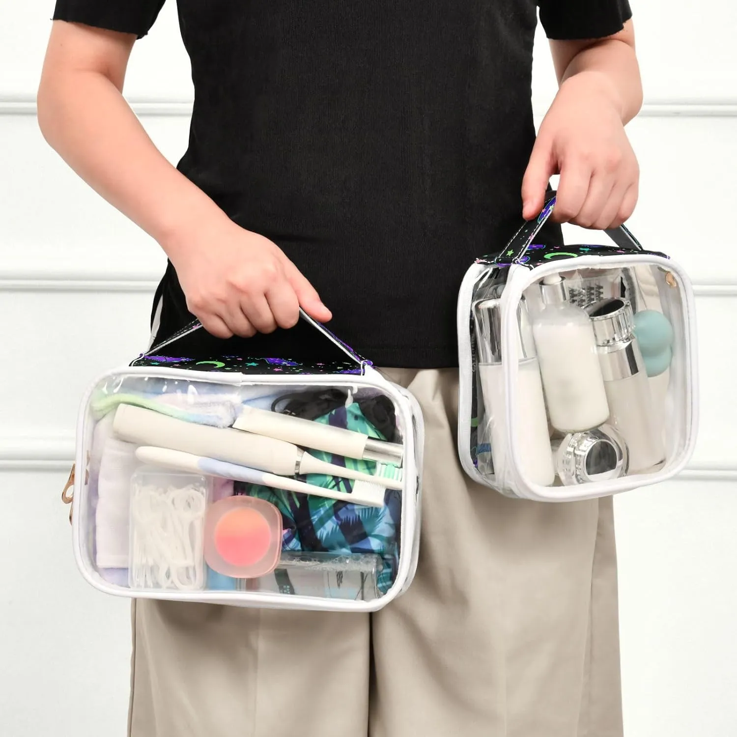 MNSRUU Clear Makeup Bags Magic Galaxy Bat Toiletry Bag for Women 2 PCS Waterproof Clear Bags Clear Travel Toiletry Bag Small Cosmetic Makeup Bag, Carry on Airport Airline Compliant Bag