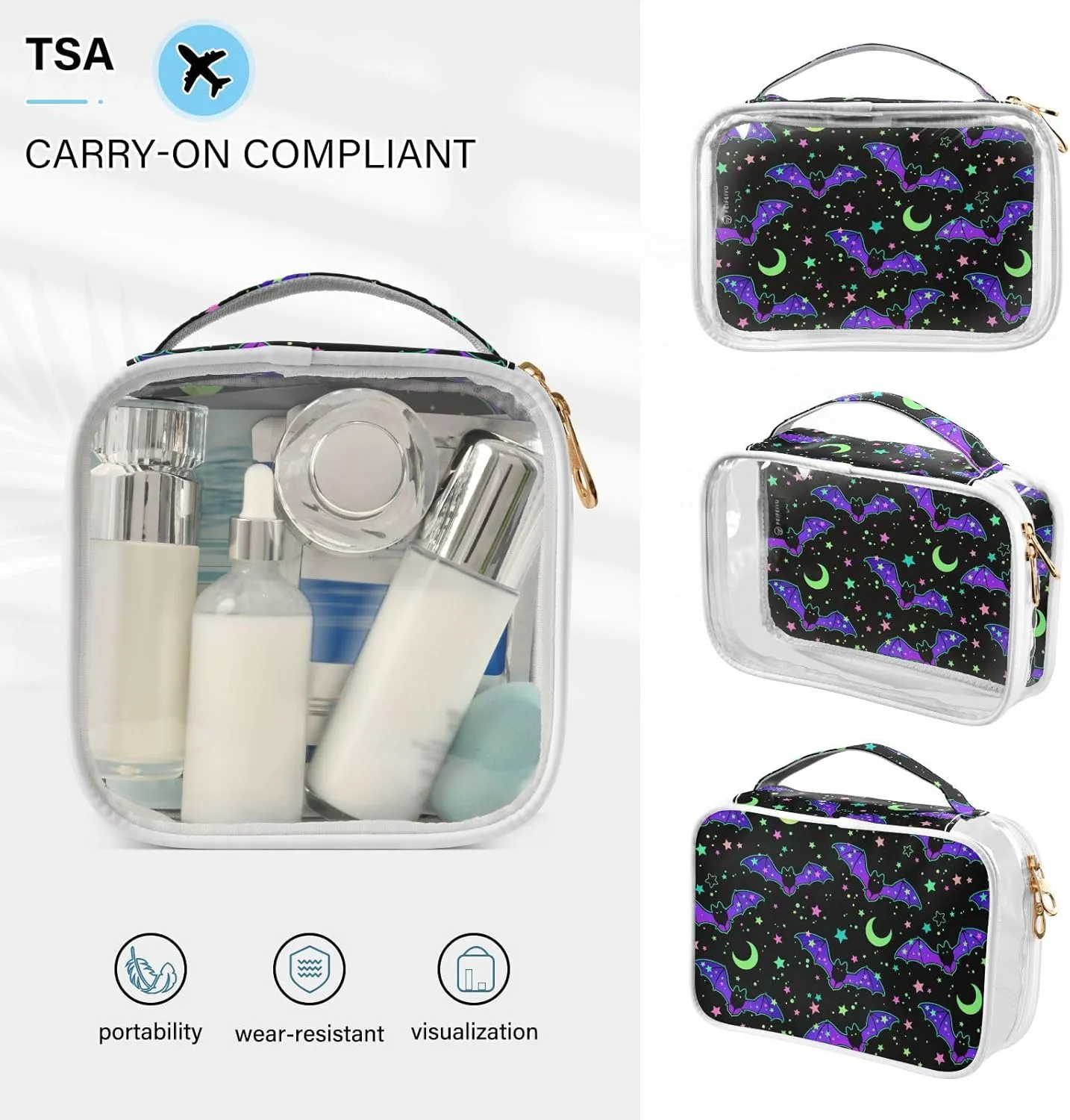 MNSRUU Clear Makeup Bags Magic Galaxy Bat Toiletry Bag for Women 2 PCS Waterproof Clear Bags Clear Travel Toiletry Bag Small Cosmetic Makeup Bag, Carry on Airport Airline Compliant Bag