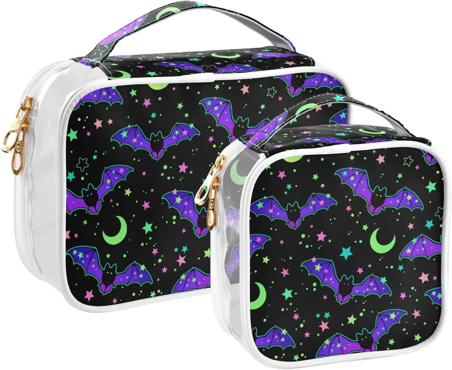 MNSRUU Clear Makeup Bags Magic Galaxy Bat Toiletry Bag for Women 2 PCS Waterproof Clear Bags Clear Travel Toiletry Bag Small Cosmetic Makeup Bag, Carry on Airport Airline Compliant Bag